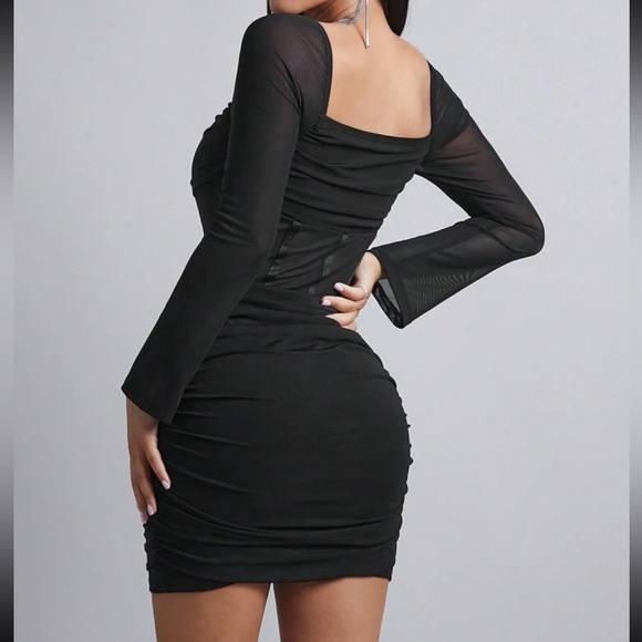 SHEIN PETITE Square Neck Ruched Mesh Panel Ruched Bodycon Mini Dress Petite XS - Picture 4 of 16